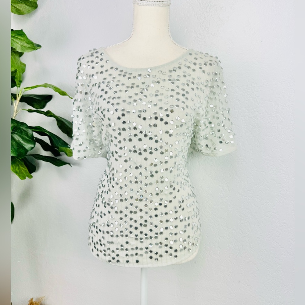 Jennifer Lopez White Silver Sequin Chiffon Top